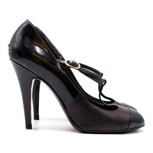 CHANEL 37 6/6.5 Black Patent Leather 2-Tone CC Metal Logo T-strap Mary Jane Pump - Picture 3 of 13
